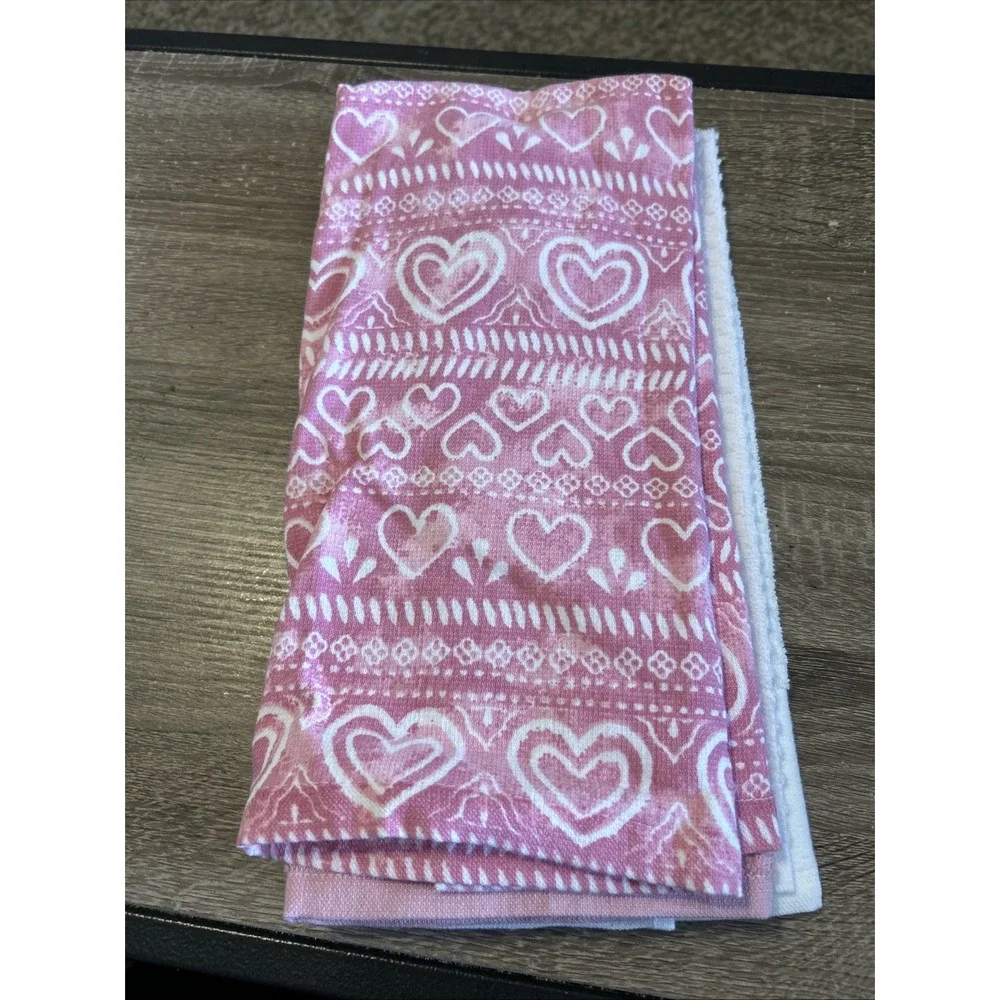 Set of 3 Deborah Connolly Hand Towels Valentine Pink White Embroidered Hearts